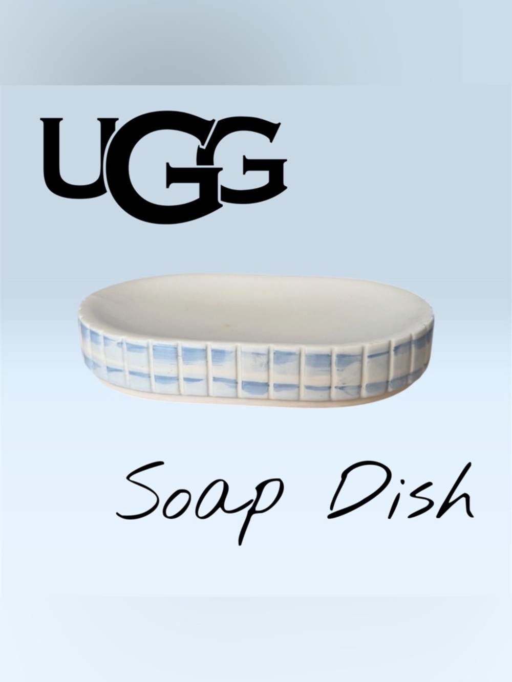 UGG White Ceramic Soap Dish with Pale Blue Grid Accent